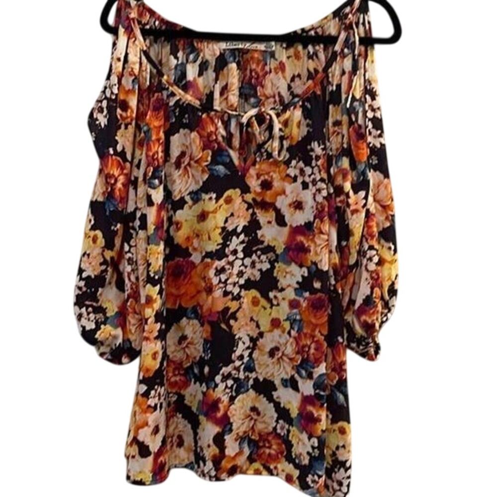 Liberty Love Cold Open Shoulder Neutral Floral Flowy Blouse Shirt Top - 2XL XXL
